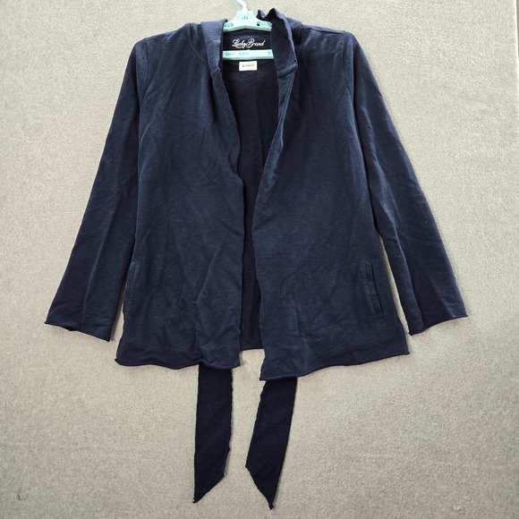 Lucky Brand Women Sweater Medium Blue Terry Hooded Cardigan Belted Open Front - Picture 1 of 9
